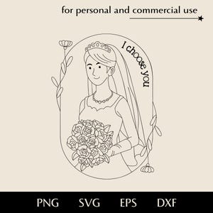Puede incluir: Ilustración de línea de una novia con un vestido de novia sosteniendo un ramo de flores. La novia lleva una tiara y un velo. El texto "I choose you" está escrito en el velo de la novia.