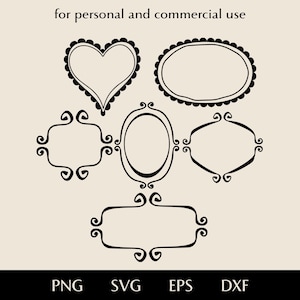 Könnte beinhalten: Schwarz-weiße digitale Rahmen in verschiedenen Formen, darunter Herz, Oval und Rechteck. Der Text "for personal and commercial use" steht oben. Dateiformate: PNG, SVG, EPS und DXF.