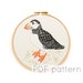 Bird Embroidery Pattern PDF Download, Puffin Embroidery Hoop Art Pattern