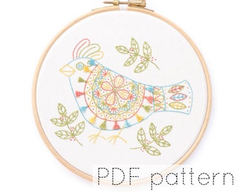 Folk Art Bird Embroidery Hoop Art Pattern, PDF Download