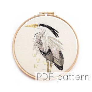 Heron Embroidery Hoop Art Pattern Instant Download Bird Hand Embroidery Pattern image 1