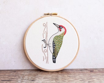 Green Woodpecker | Original Bird Embroidery Art