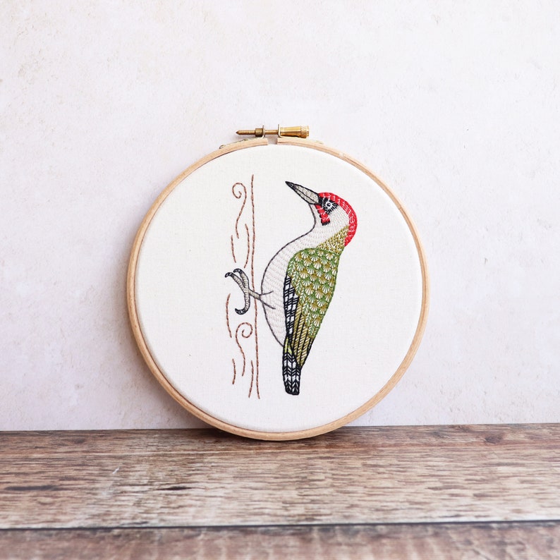 Green Woodpecker Original Bird Embroidery Art 画像 1