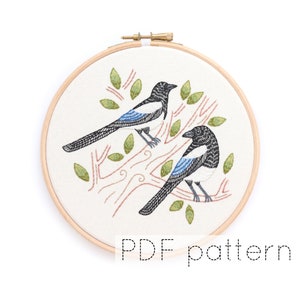Magpies Embroidery Hoop Art Pattern Download, Two for Joy