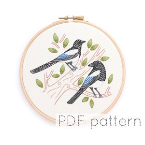 Magpies Embroidery Hoop Art Pattern Download, Two for Joy image 1