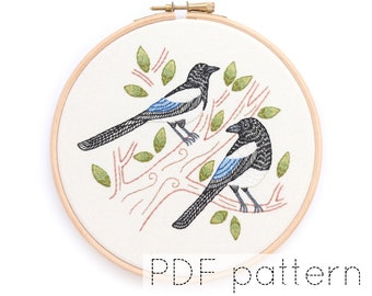 Magpies Embroidery Hoop Art Pattern Download, Two for Joy