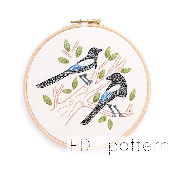 Magpies Embroidery Hoop Art Pattern Download, Two for Joy