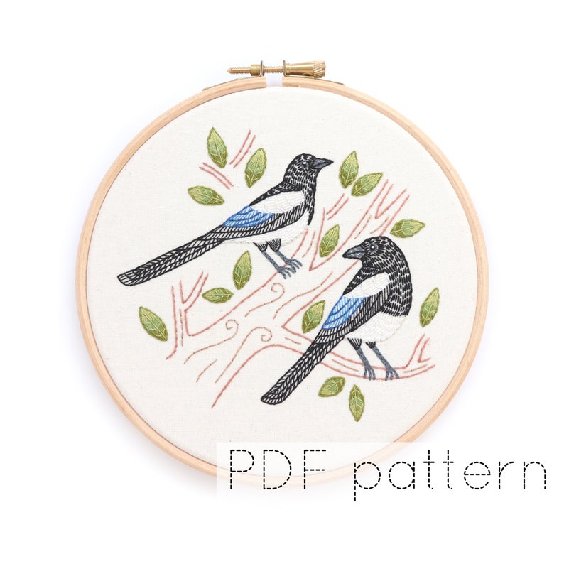 Magpies Embroidery Hoop Art Pattern Download, Two for Joy image 1