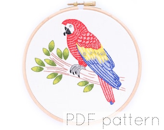 Scarlet Macaw Embroidered Hoop Art Pattern, PDF Download, Bird Hand Embroidery Pattern