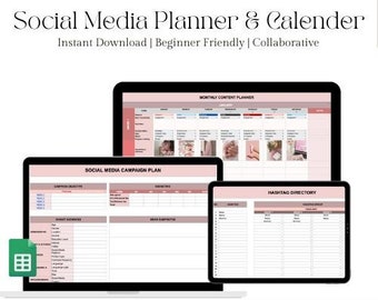 Puede incluir: Un planificador digital para redes sociales con tres pestañas: Plan de campaña en redes sociales, Planificador de contenido mensual y Directorio de hashtags. El planificador está diseñado para ayudar a los usuarios a planificar y programar su contenido en redes sociales.