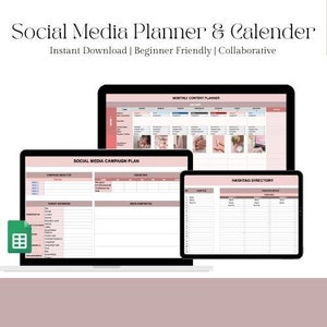 May include: A digital planner for social media with three tabs: Social Media Campaign Plan, Monthly Content Planner, and Hashtag Directory. The planner is designed to help users plan and schedule their social media content.