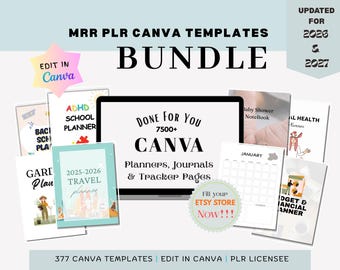 Bundel met 7500+ Canva-plannersjablonen, MRR PLR commercieel gebruik, tijdschriften, trackers, 2026-2027 bijgewerkt