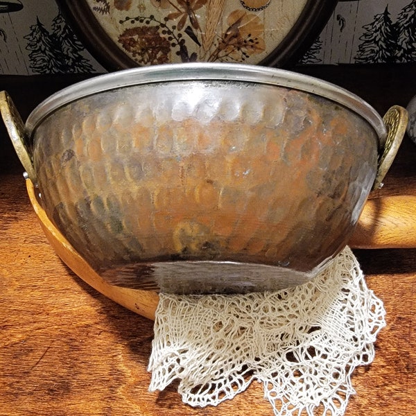 Vintage Hammered Copper and Stainless Steel Bowl with Brass Handles