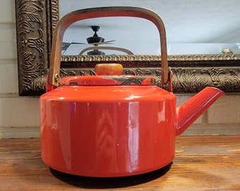 Vintage Red Enamel Tea Kettle