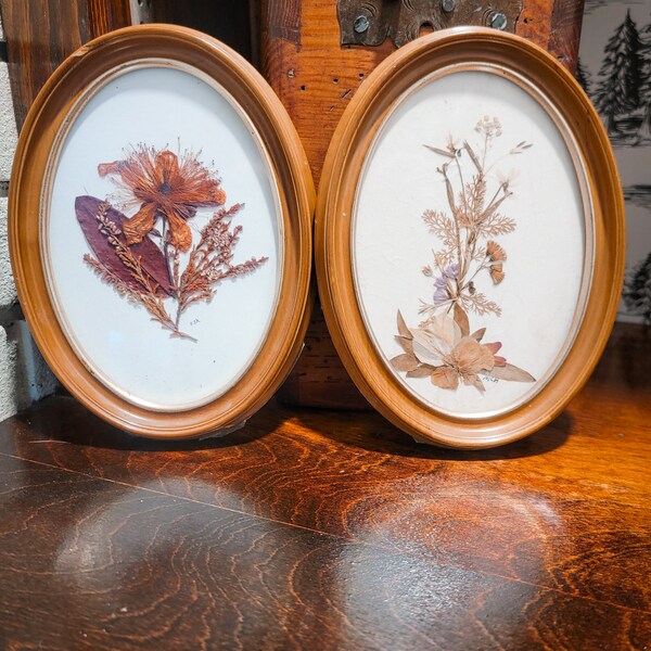 Vintage MCM Oval Framed Pressed Flower Art , Set of 2