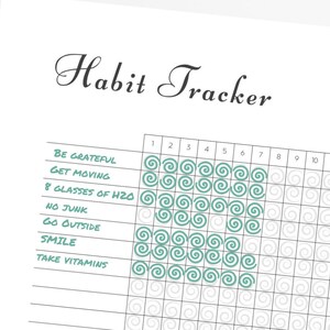 Può includere: Un tracker di abitudini in bianco e nero con una griglia di 23 colonne e 7 righe. La griglia è etichettata con i numeri da 1 a 23 nella parte superiore e le seguenti abitudini elencate a sinistra: Essere grati, Muoversi, 8 bicchieri di H2O, Niente spazzatura, Uscire, Sorridere, Assumere vitamine. Le prime 7 colonne della griglia sono riempite con spirali verdi.