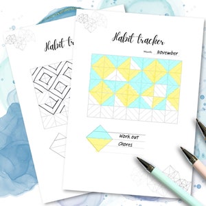 Può includere: Un tracker di abitudini stampabile con un design geometrico. Il tracker è per il mese di novembre e include sezioni per "Allenamento" e "Faccende domestiche".