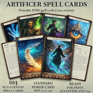 May include: A collection of illustrated Artificer Spell Cards for Dungeons and Dragons. The cards feature vibrant fantasy art and spell descriptions. The set includes 103 cards, standard poker card size (2.5 x 3.5 inches), ready for print.