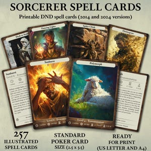 May include: A selection of illustrated Sorcerer Spell Cards for DND, showcasing spells such as "Sunburst" and "Polymorph." The cards are standard poker card size (6.35 x 8.89 cm) and ready for print. The image includes the text "257 Illustrated Spell Cards."