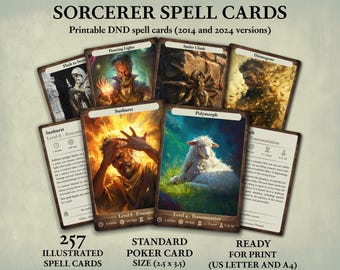 May include: A collection of illustrated Sorcerer Spell Cards for DND, featuring various spells like "Sunburst" and "Polymorph." The cards are standard poker card size (2.5 x 3.5 inches) and ready for print. The image includes the text "257 Illustrated Spell Cards."