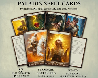 Paladin DnD spell cards, Printable d&d 5e spell cards, 2014 and 2024 versions