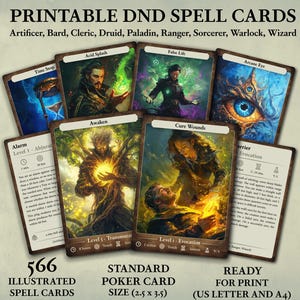Conjunto de cartas de hechizos D&D, versiones 2014 y 2024, libro de hechizos D&D 5.ª edición, cartas de hechizos imprimibles, cartas D&D personalizables, todas las clases, tamaño de carta de póker