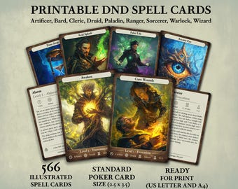 Set di carte incantesimo DnD, versioni 2014 e 2024, d&d spellbook 5e, carte incantesimo stampabili, carte dnd personalizzabili, tutte le classi, dimensioni delle carte da poker