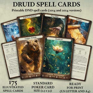May include: A collection of 175 illustrated Druid spell cards for Dungeons & Dragons, featuring various spells like "Conjure Animals" and "Druidcraft." The cards are standard poker card size (2.5 x 3.5 inches) and ready for print.