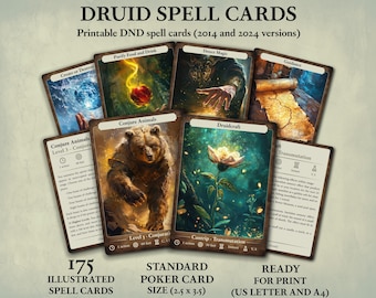 Druid DnD spell cards, Printable d&d 5e spell cards, 2014 and 2024 versions