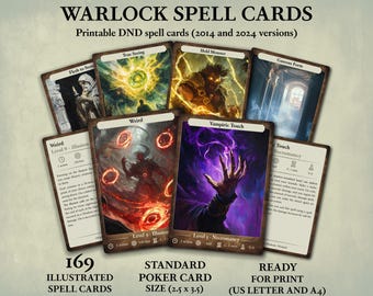 Warlock DnD spell cards, Printable d&d 5e spell cards, 2014 and 2024 versions