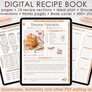 May include: A digital recipe book for Goodnotes, Notability, and other PDF editing apps. The book features 520 pages, 10 recipe sections, a meal plan, a grocery list, conversions, notes pages, a book cover, and over 400 stickers. The image shows a recipe for banana pancakes with a rating of 5 stars. The recipe is vegan and egg-free.