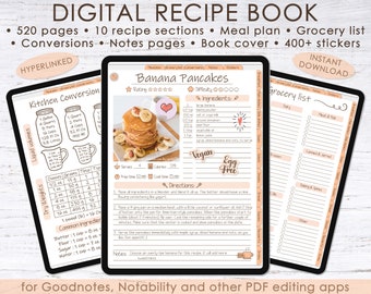 Digital recipe book PDF template for Goodnotes, Hyperlinked recipe book, Digital recipe journal, Digital cookbook, Meal planner