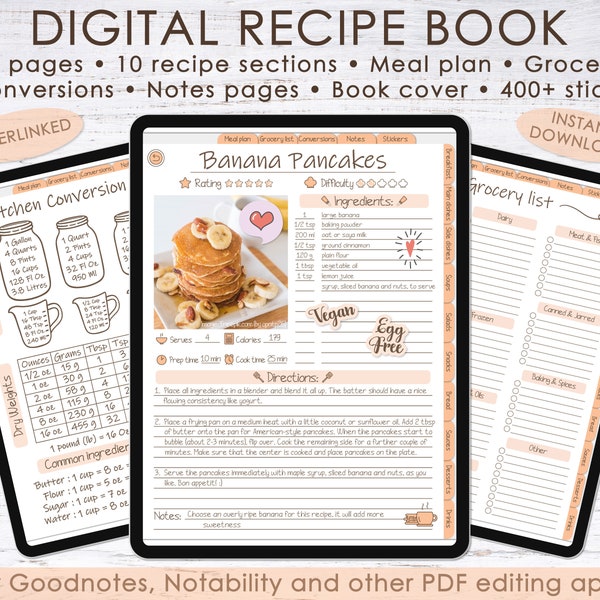 Digital recipe book PDF template for Goodnotes, Hyperlinked recipe book, Digital recipe journal, Digital cookbook, Meal planner