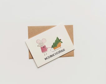 Einzigartige Weihnachtskarte • Weihnachtsmaus mit Tanne • Aquarell mit süßer Maus