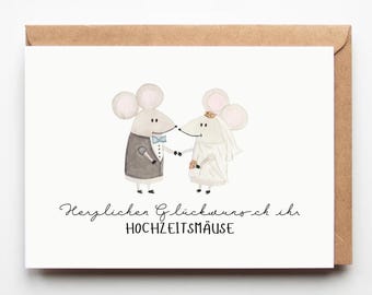 Glückwunschkarte zur Hochzeit "Hochzeitsmäuse" • Einzigartige Karte zur Hochzeit mit Mäusen • Hochzeitskarte mit Aquarell-Motiv