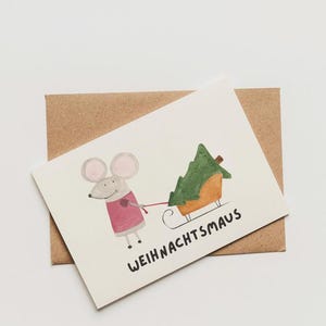 Einzigartige Weihnachtskarte • Weihnachtsmaus mit Tanne • Aquarell mit süßer Maus