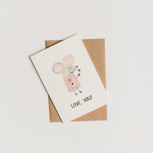 Liebevolle Karte "Love You!" • Aquarellkarte mit süßer Maus und Blume • Karte zum Valentinstag für Freund oder Freundin