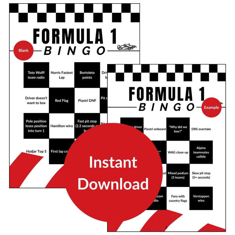 F1 Bingo – Printable Formula 1 Race Day Game | Instant Digital Download ...