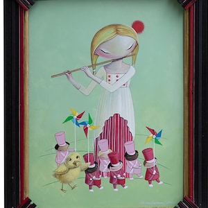 May include: A painting of a girl playing a flute with a yellow chick and five small figures wearing red hats and holding pinwheels in front of her. The background is a light green color.