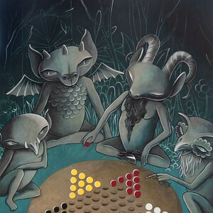 Gargoyles som spelar kinesiska dam reproduktion