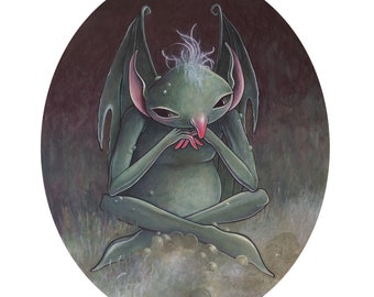 May include: A green, winged creature with a pink nose sits on a bed of white fog. The creature has large, round eyes and a white tuft of hair on its head.