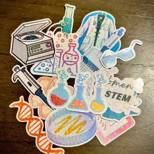 科学ステッカー - ピペット、脳、DNA、コーヒー分子など | ホログラフィックで耐水性