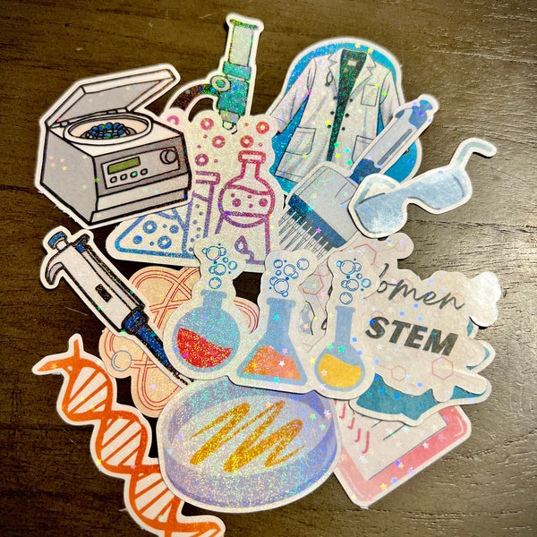 Science Stickers - Pipette, brain, DNA, coffee molecule and more | Holographic and Water Resistant
