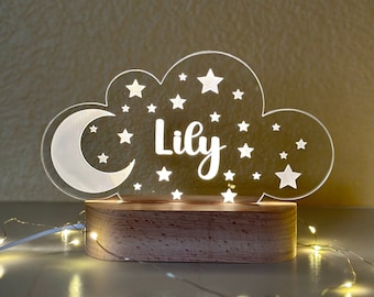 Moon and Stars Personalized Night Light for Nursery Decor Custom Nightlight Gift Cloud Baby Shower Decor Moon & Stars Lamp Decor Kids Room