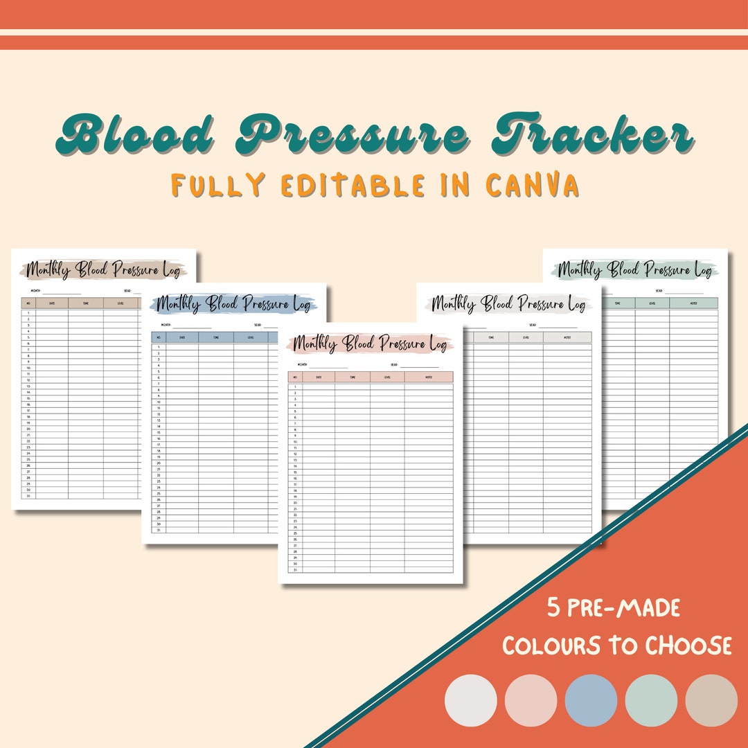 Monthly Blood Pressure Chart, Printable Bp Chart , Health Tracker for ...