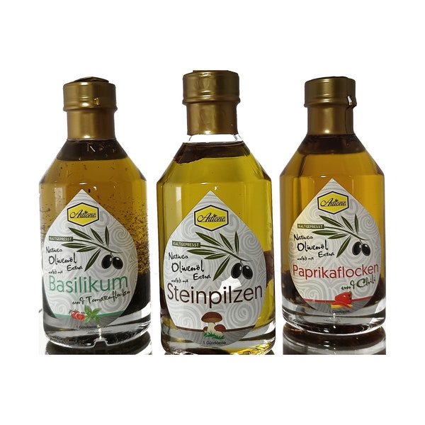 Veredeltes Olivenöl aus Griechenland extra Nativ - Drei Flaschen, je 220 ml - Steinpilz - Paprika mit Chili - Basilikum mit Tomate
