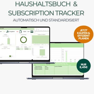 Könnte beinhalten: Zwei Laptops zeigen Finanz-Tracking-Software. Der obere Bildschirm zeigt ein Dashboard mit Diagrammen, während der untere Bildschirm einen Abonnement-Tracker anzeigt. Der Text oben lautet "HAUSHALTSBUCH & SUBSCRIPTION TRACKER".