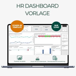 Pode incluir: Um laptop exibe um modelo de painel de RH com gráficos e dados. O texto "HR Dashboard Vorlage" é visível. O preço é exibido como 9,94€. O texto "Power-BI Template" também é visível.