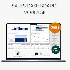 Könnte beinhalten: Ein Laptop zeigt eine Vorlage für ein Sales-Dashboard mit Diagrammen und Datenvisualisierungen. Der Bildschirm zeigt Grafiken, Tabellen und wichtige Leistungskennzahlen. Der Text enthält "SALES DASHBOARD-VORLAGE" und "POWER-BI TEMPLATE".