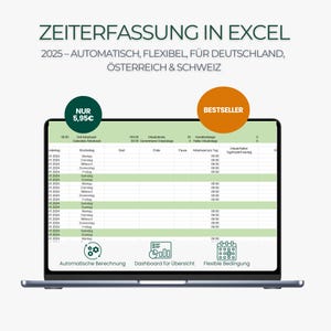 Może przedstawiać: Ekran laptopa wyświetla arkusz kalkulacyjny do śledzenia czasu w programie Excel. Ekran pokazuje tabelę z datami, dniami, godzinami rozpoczęcia i zakończenia oraz innymi powiązanymi danymi. U góry widnieje napis "ZEITERFASSUNG IN EXCEL".